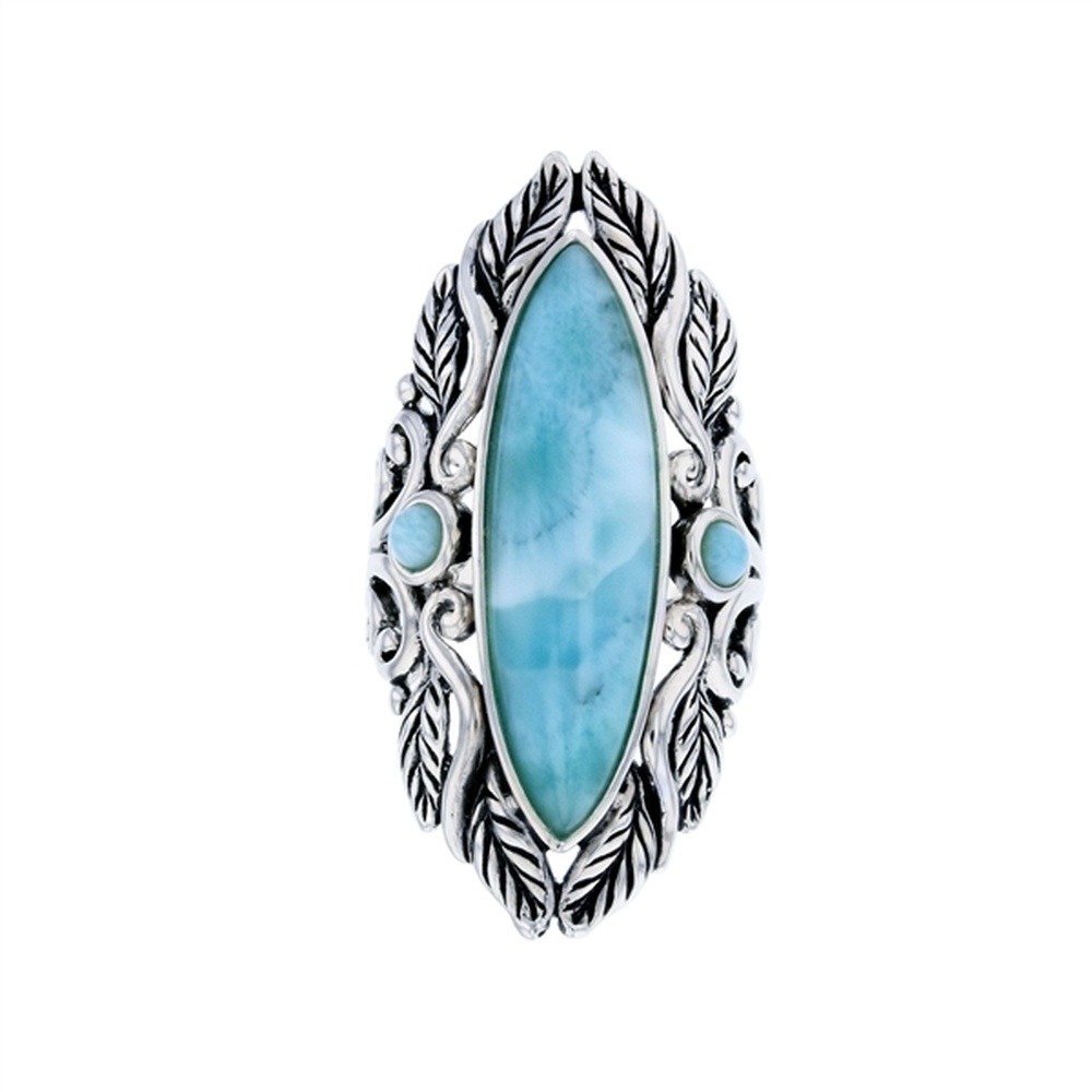 925 Sterling Silver Larimar Long Marquise Leaves Pattern Vintage Ring 8.9 gm